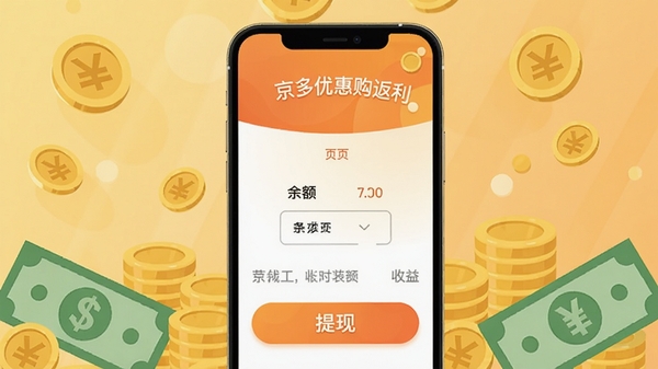 京多优惠购返利页面,手机界面显示余额和提现按钮,背景为金币和现金符号,暖色调,突出收益感,扁平化设计