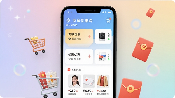 京多优惠购应用主界面,手机屏幕显示优惠券列表和折扣商品,背景为柔和渐变色,购物车与红包元素点缀,整体风格现代简约,高清渲染图