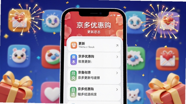 京多优惠购更新日志,手机屏幕显示版本更新内容,背景为应用图标和礼花,色彩鲜艳,庆祝风格,3D渲染