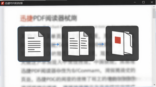 迅捷PDF阅读器阅读模式切换界面,展示单页、连续、双页三种模式图标,背景为文档内容模糊效果,强调功能选择,软件名称以水印形式出现在右下角