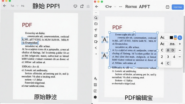 һ�ŶԱ�ʾ��ͼ�������ʾԭʼPDF�ļ��еľ�̬���֣��Ҳ���ʾͨ��PDF�༭���޸��������ݺ�Ľ��棬���ֱ�ѡ�в���ʾ��ɫ�ı༭����Χ�����塢��ɫ�ȸ�ʽ����ѡ�����Ϊ�ɾ��İ�ɫ����̨