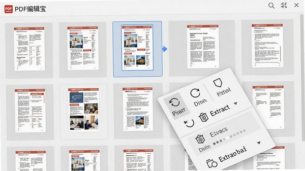 չʾPDF�༭��ҳ��������ܵĽ����ͼ���������ж���ĵ�ҳ������ͼ���������У�����һҳ������ѡ�в�����������ת��ɾ������ȡѡ����Ҽ��˵�������Ϊǳ��ɫ���棬���дʵ����