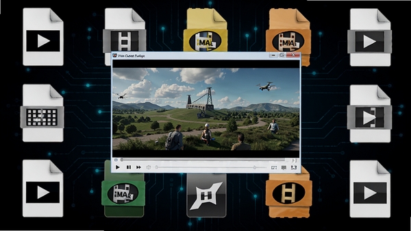 Vista Codec Package 视频解码功能示意图,画面中多种格式的影片文件图标整齐排列,中央有一个播放器窗口正在流畅播放高清画面,背景为深色科技感线条