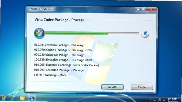Vista Codec Package 安装过程截图,显示进度条与当前安装组件名称,背景为Windows Vista风格的半透明窗口,整体色调清新淡雅