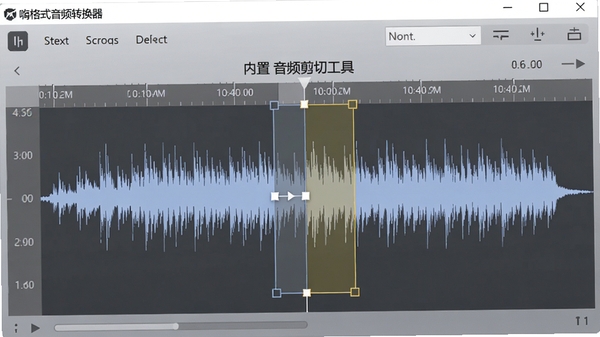 嗨格式音频转换器内置的音频剪切工具界面,展示波形图上的时间轴与剪切选区,背景为淡雅的渐变灰色,强调软件的实用性与专业性