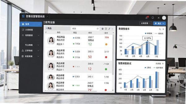 百惠经营管理系统专业版主界面预览图,展示软件整体布局,左侧功能导航栏,右侧数据看板,背景为现代简约办公室场景,画面主体突出软件界面,清晰展示商品列表与销售图表,整体风格专业明亮