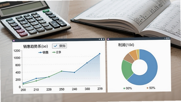 百惠经营管理系统专业版财务报表界面,展示销售趋势折线图与利润饼图,背景为办公桌面计算器与账本,画面突出数据可视化效果,风格专业商务