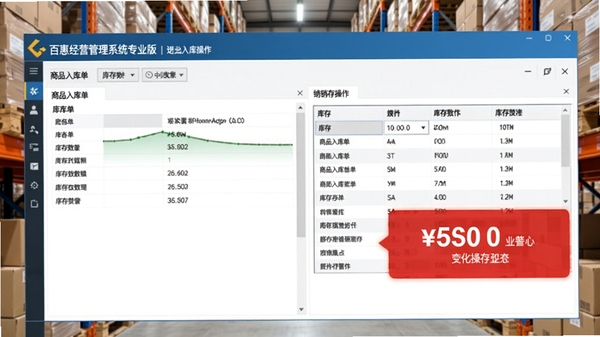 百惠经营管理系统专业版进销存操作界面,显示商品入库单和库存列表,背景为仓库货架,画面重点展示软件中库存数量变化与预警提示,色彩清晰明亮