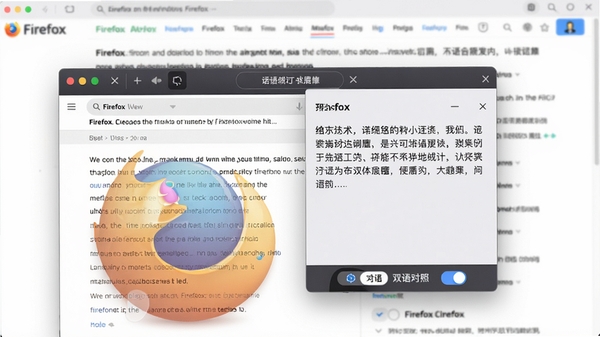 Firefox多功能版内置翻译功能界面特写,左侧为英文原网页,右侧浮出中文翻译结果面板,下方有双语对照开关,背景为模糊化的网页文字,画面明亮清晰,展示软件实用场景