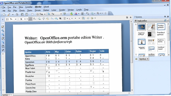 OpenOffice.org便携版Writer文字处理界面,显示一篇带有标题和表格的文档,工具栏清晰可见,右侧显示样式面板,整体配色以蓝白为主,界面干净专业