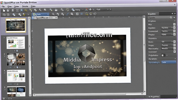 OpenOffice.org便携版Impress演示文稿编辑状态,左侧幻灯片缩略图,中间为编辑区域,右侧为属性设置面板,背景为淡紫色渐变,展示软件的多媒体演示能力