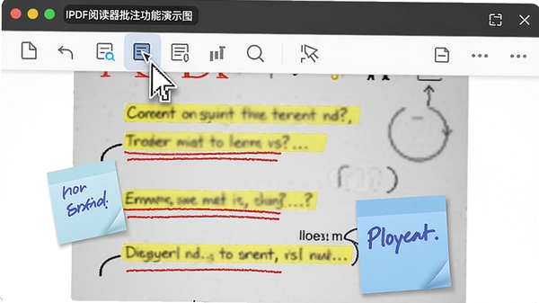 克克PDF阅读器批注功能演示图,画面展示一个PDF文档页面,上面有黄色高亮、红色下划线和蓝色便签等批注元素,鼠标指针悬停在工具栏的批注图标上,背景简洁,突出功能特点