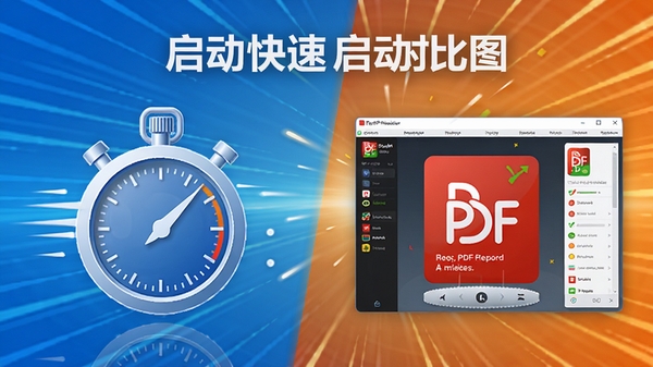 克克PDF阅读器启动速度对比图,左侧是一个秒表图标,右侧是克克PDF阅读器界面,背景用速度线元素突出快速启动的特点,整体色调明亮,风格现代