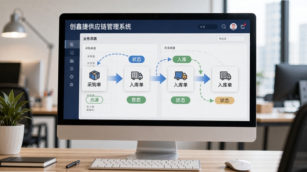 为创鑫捷供应链管理系统的业务流转界面,显示采购单到入库单的转换流程,带有箭头连接和状态标签,背景为办公桌上的电脑屏幕,画面清晰展现数据联动效果