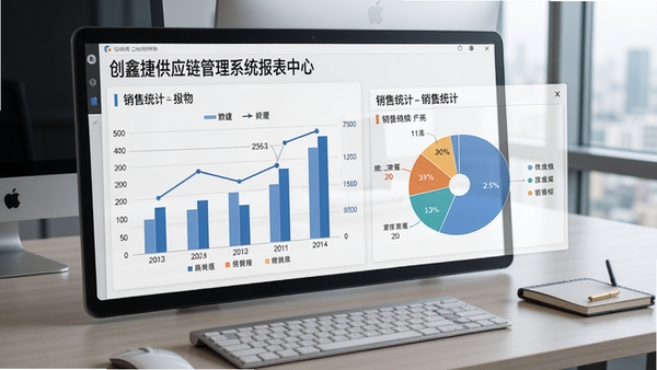 为创鑫捷供应链管理系统的报表中心截图,展示柱状图与饼图销售统计,背景为商务办公桌面,报表数据清晰可读,整体风格专业简洁