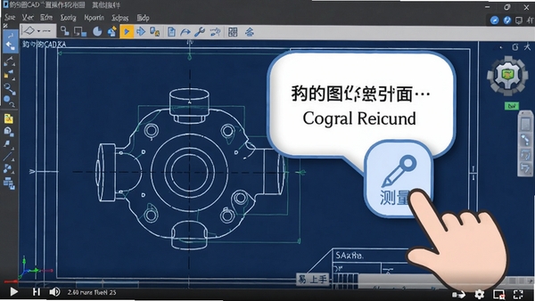 豹图CAD软件内置的操作指引动画截图,画面中显示一个新手引导气泡,指向测量工具图标,背景为一张简单的机械零件图纸,整体风格友好亲切,突出软件易上手的特性