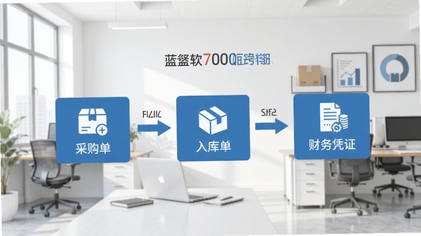 蓝软7000进销存财务一体化软件的业务流程图,显示采购单到入库单再到财务凭证的流转过程,背景为简洁办公环境,扁平化设计风格