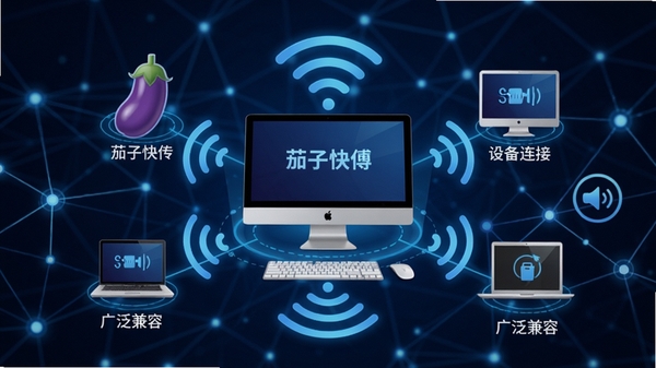 茄子快传多设备互联示意图,画面中央是一台电脑,周围环绕着不同类型的设备图标,通过无线信号连接,背景为科技感强的网络节点,强调无缝连接与广泛兼容性
