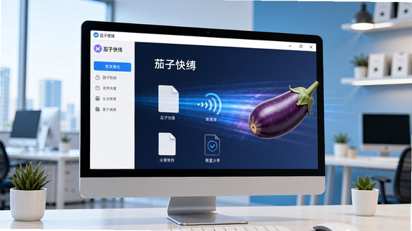 茄子快传主界面预览图,展示简洁清晰的软件布局,电脑屏幕前有文件正在快速传输的动感效果,背景为现代办公环境,色调明亮,强调高速传输与便捷分享的主题