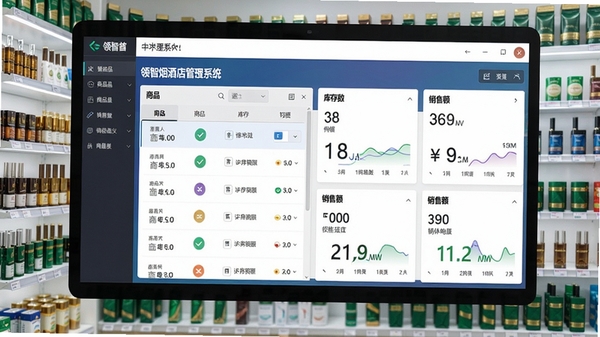 领智烟酒店管理系统主界面预览图,展示商品列表、库存数量、销售额等核心数据看板,背景为整洁的烟酒店货架,画面风格写实清晰,软件名称醒目展示