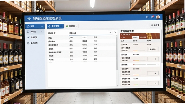 领智烟酒店管理系统库存管理功能界面,显示商品入库、出库记录和实时库存预警列表,背景为摆放整齐的烟酒仓库,画面明亮清晰