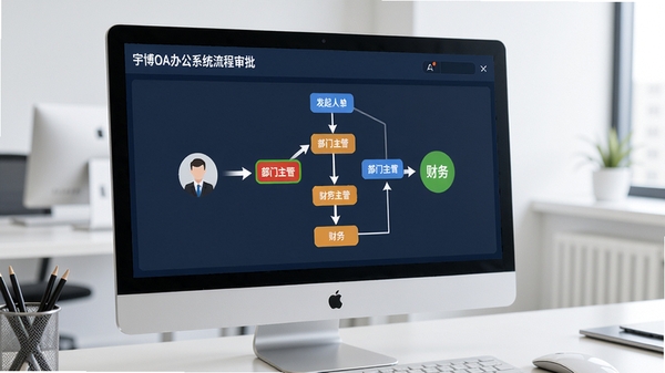 宇博OA办公系统流程审批界面,显示一张报销申请单正在流转,箭头标识从发起人指向部门主管再指向财务,节点状态用不同颜色区分,背景为简洁的办公桌面,电脑屏幕上有流程图展示