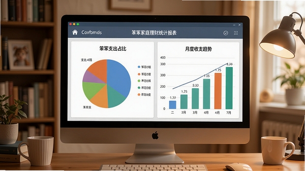������ͥ����ͳ�Ʊ������棬��Ļ����ʾ��ɫ��ͼ����״ͼ��չʾ��֧ͬ�����ռ�Ⱥ��¶���֧���ƣ�����Ϊ��ܰ���鷿������������Ļ���������������ɱ�