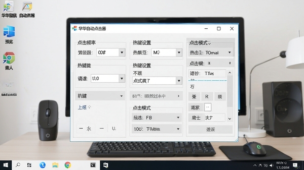 华华鼠标自动点击器主界面预览图,展示软件在Windows桌面上的运行效果,窗口布局清晰,包含点击频率设置、热键设置、点击模式选择等核心功能区域,背景为简洁的电脑桌面环境,整体画面明亮清晰,突出软件的易用性与专业性