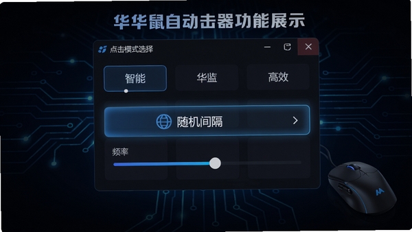 华华鼠标自动点击器功能展示图,画面中央显示软件的点击模式选择面板,高亮显示“随机间隔”选项,并配有频率调节滑块,背景为深色科技感线条,突出智能、高效的特点