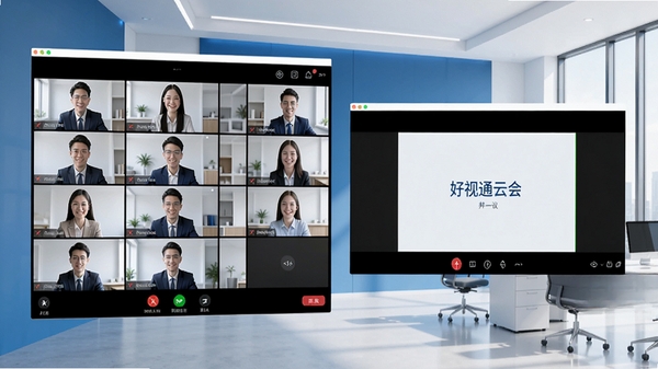 好视通云会议主界面预览图,展示高清视频会议画面,左侧为参会人员视频墙,右侧为屏幕共享区域,背景为现代简约办公室,整体色调蓝白相间,界面简洁明亮,细节清晰