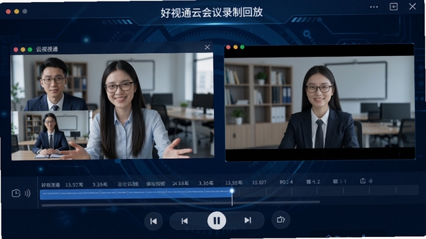 好视通云会议录制回放界面,显示视频时间轴和预览窗口,有播放控制按钮,背景为深蓝色科技风格,突出录制文件管理功能