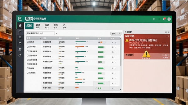 E树企业管理软件(ERP系统)进销存模块操作界面,展示采购单列表与库存预警提示,背景为仓库货架,风格写实,色彩明亮,突出数据管理氛围。