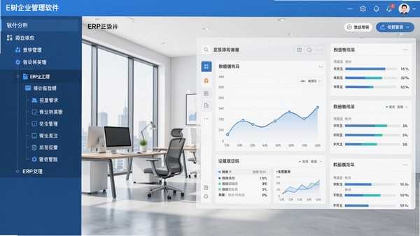 E树企业管理软件(ERP系统)主界面截图,左侧功能树导航,右侧数据看板,背景为简洁的现代办公室环境,整体色调以蓝白为主,UI设计清晰专业,适配Boogu模型生成。