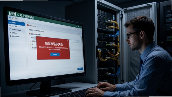 E树企业管理软件(ERP系统)的故障排查界面,屏幕显示“数据库连接失败”的错误对话框,旁边有操作员正在检查服务器机柜,环境为机房,灯光较暗,但屏幕亮光清晰,强调解决问题的过程,画面真实感强