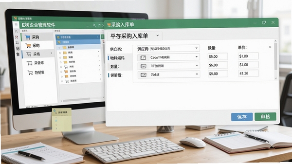 E树企业管理软件(ERP系统)的进销存操作界面展示,左侧为采购与销售菜单,右侧显示一张采购入库单,包含供应商信息、物料编码、数量与单价字段,下方有保存与审核按钮,背景为办公桌上的电脑与账本,画面清晰明亮,突出数据管理场景