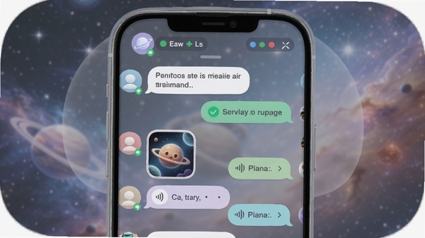 启俄星球聊天对话界面效果图,显示手机屏幕内星球用户之间的对话列表,包含文字、图片、语音消息气泡,界面圆润,色彩柔和,顶部有星球成员在线状态显示,背景为半透明的星云图案,整体风格清新自然