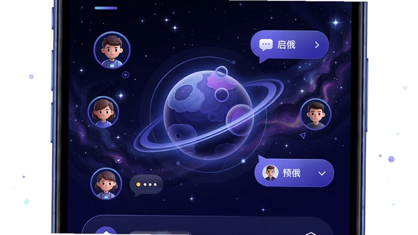 启俄星球APP界面预览图,展示其独特的星球风格UI设计,主色调为深邃蓝紫渐变,中央是动态的星球图标,周围环绕着用户头像与消息气泡,背景是繁星点点的宇宙空间,画面整体充满科技感与未来感,风格高清,细节丰富