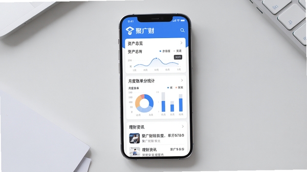 聚广财软件主界面展示图,手机屏幕内显示资产总览、月度账单分类统计和理财资讯列表,界面风格简洁现代,以蓝白为主色调,背景为浅灰色桌面,突出聚广财品牌标识,画面清晰明亮,手机居中摆放,视觉焦点集中在屏幕内容上