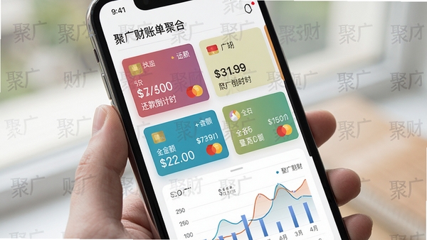 聚广财账单聚合功能截图,屏幕上展示多张银行卡的还款倒计时和金额卡片,卡片颜色各异,背景有聚广财的水印字样,整体界面数据可视化,图表清晰,手机竖屏展示,模拟真实用户使用场景,光线柔和自然
