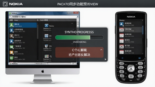 诺基亚Ovi套件的数据同步功能预览图,界面展示通讯录和日历的双向同步过程,左侧为电脑端数据列表,右侧为设备端数据列表,中间有同步进度条和冲突解决选项,整体风格清晰直观,突出高效管理的特点。