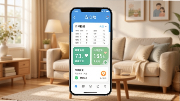 画面中心展示一款名为安心陪的安卓手机应用界面,背景为温馨的居家客厅场景,手机屏幕清晰显示日程提醒、健康监测等核心功能模块,整体色调柔和,光线明亮,突出生活服务与贴心陪伴的主题,适配Boogu模型生成