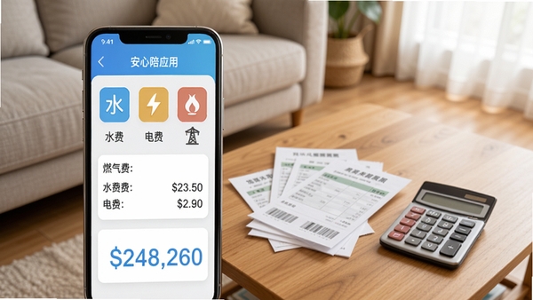 安心陪应用的生活缴费界面预览,手机屏幕显示水费、电费、燃气费等缴费图标和金额,背景为整洁的客厅一角,茶几上放着账单和计算器,画面明亮清晰,体现便捷的财务管家功能