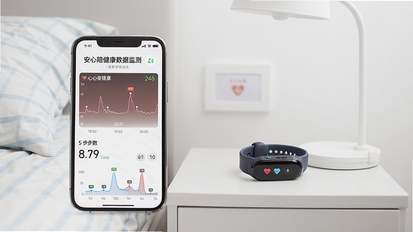 展示安心陪健康数据监测功能的预览图,手机界面显示心率曲线和步数统计,背景为简洁的卧室,床头柜上放有智能手环,整体画面干净明亮,强调健康管理的科学性与直观性