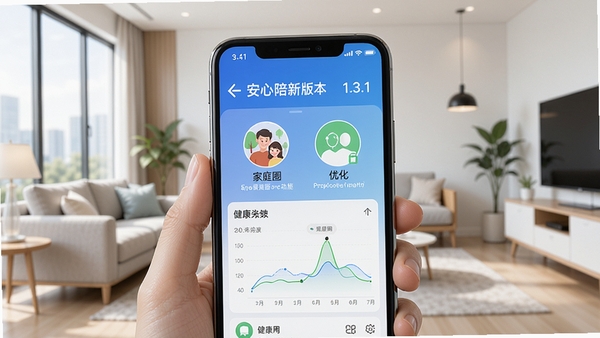 展示安心陪最新版本1.3.1的更新亮点,手机屏幕显示新增的家庭圈功能和优化后的健康图表,背景为现代家居环境,画面明亮清晰,突出软件实用性与易用性
