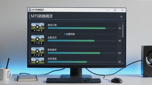MTS转换精灵批量转换功能示意图,画面展示多个视频文件同时转换的进度列表,背景为简洁的电脑桌面,突出软件的高效处理能力