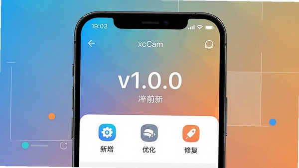 双摄相机xcCam更新日志配图,展示手机屏幕上的版本更新界面,背景为渐变色,中心位置显示v1.0.0版本号,下方有新增、优化、修复三类图标,整体风格简洁清晰,符合应用商店更新说明的视觉风格