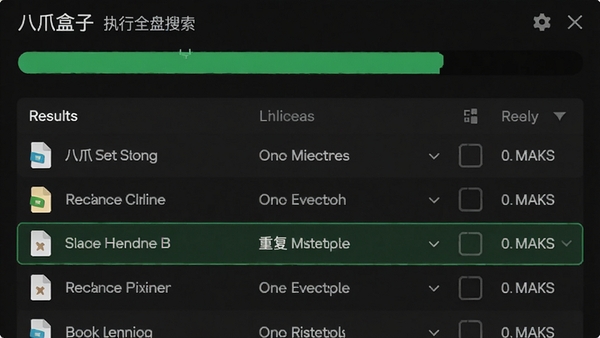 八爪盒子执行全盘搜索操作时的界面展示,显示搜索进度条与结果列表,高亮标记重复文件,背景为深色主题,突出绿色进度条与文件图标