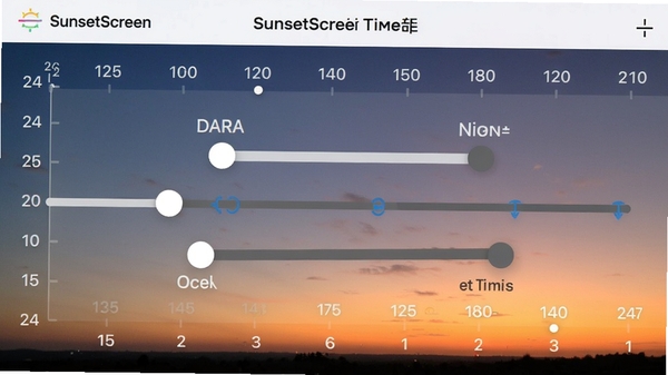 SunsetScreen时间表设置功能截图,显示一个24小时制的时间轴,上面有两个可拖动的滑块分别代表白天与夜晚的起始点,背景为渐变色的昼夜更替景象,界面清晰直观