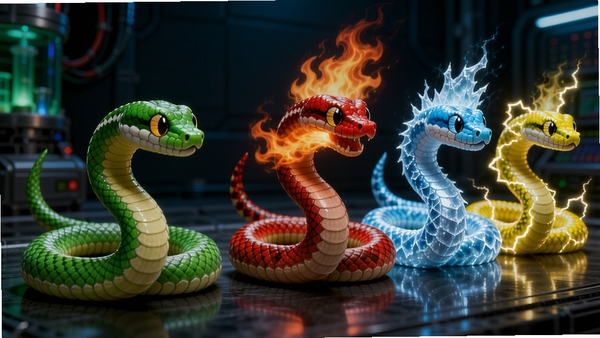 贪吃蛇超级进化进化形态展示图,画面左侧是一条普通绿色小蛇,右侧依次排列着红色喷火蛇、蓝色冰霜蛇和黄色雷电蛇,每种蛇身上有对应的元素特效,背景是深色的进化实验室,光线聚焦在蛇身上,突出细节和质感。