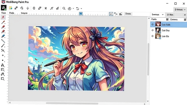MediBang Paint Pro主界面展示,画布上呈现一幅色彩丰富的动漫插画,左侧是工具栏,右侧是图层面板,整体界面简洁明亮,背景为浅灰色工作区,显示软件名称MediBang Paint Pro